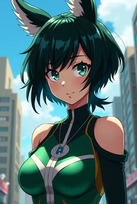 my hero academia screenshots. 
white girl, black hair with white tips light green eyes 