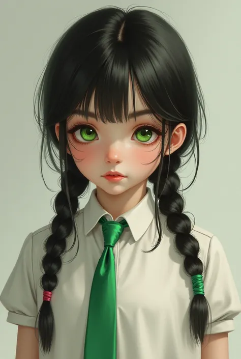  girl, with green eyes and braided black hair, with a white dress and a green tie.