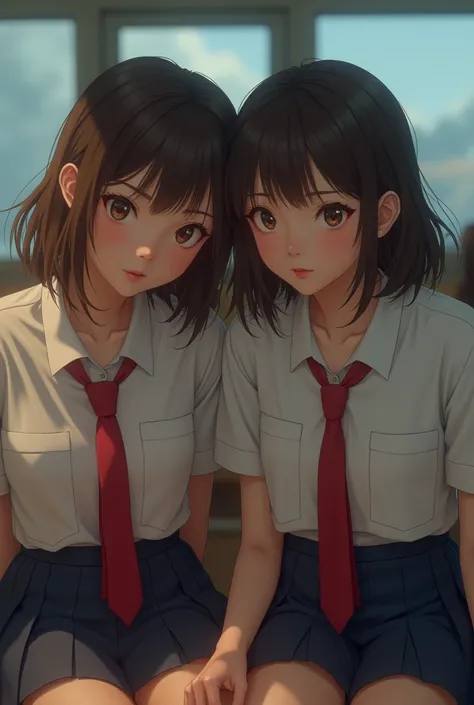 Not a 3D model, Not an illustration:1.9, Not anime:1.9, Realistic:1.9, Realistic movie scene:1.9, A high school girl couple&#39;s coming-of-age story, whole, It has a sweet and sour atmosphere.., realistic face and eyes:1.9, Realistic Skin:1.9, ((2 Japanes...