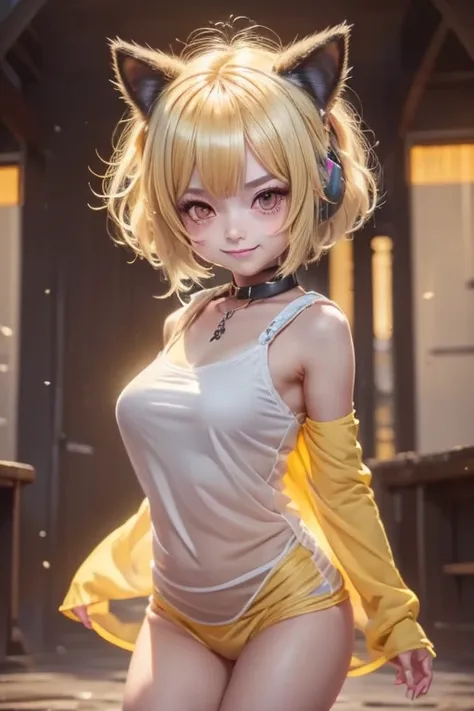 girl, full body, cartoon style, chibi style, cute, dog tail, dog ear, beautiful face, smile face, yellow color eye, beautiful eye, high detailed pupil, double eyeylid, high detailed skin, high quality skin, yellow color hair, very short hair, beautiful tit...