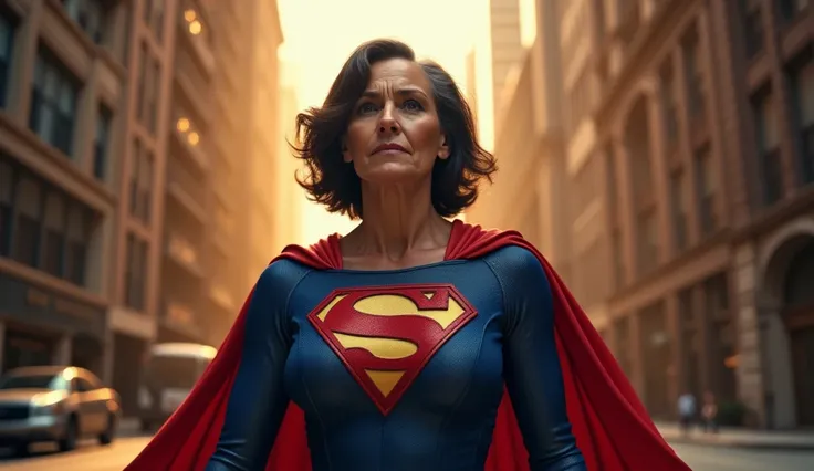 outside of a building in Manhattan(((inside out image))); (((very sexy beautiful and strong old Supergirl (((1984s costume))) Julie Hagerty(((Dark hair))) Super old woman Julie Hagerty; confident, powerful, indestructible, attractive; big and firm chest; s...