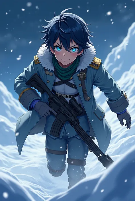 A prince with blue pupils and sky blue irises ,laughing black hair ,messy in military uniform with lots of coats being in the Antarctic winter falling a snow storm ,that it be more nighttime that his eyes shine that he has advanced military weapons automat...