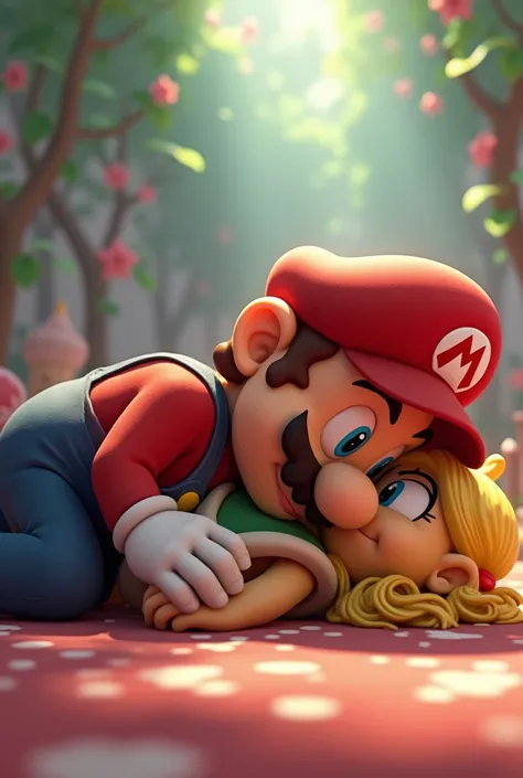 Mario Bros lying on the ground with Bowsette lying on his chest while he strokes her head, animated version