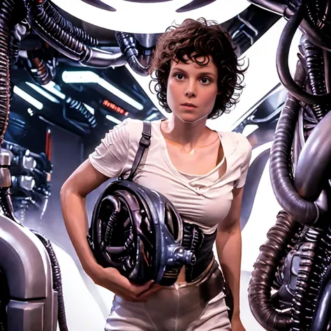 ((xenomorphic alien)) alien movie ((ellen ripley))  a 30-year-old woman holds up wearing white panties and a white tight trunk.,...