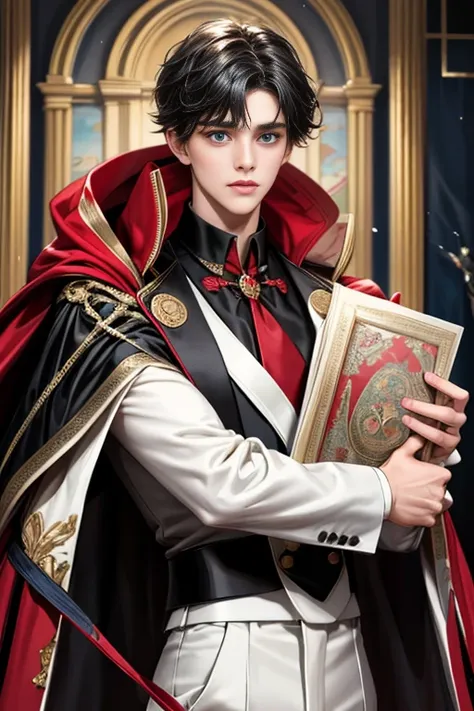 masterpiece, 最high quality, high quality, 1 boy, alone, Male focus, Upper Body,Watching the audience, Messy black hair, Adorable big blue eyes, White, Noble, Noble,A black and red cape that is bursting with sexy volume、Tuxedo、A very voluminous, large, very...