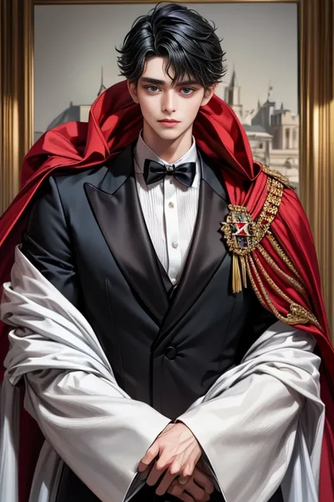 masterpiece, 最high quality, high quality, 1 boy, alone, Male focus, Upper Body,Watching the audience, Messy black hair, Adorable big blue eyes, White, Noble, Noble,A black and red cape that is bursting with sexy volume、Tuxedo、A very voluminous, large, very...