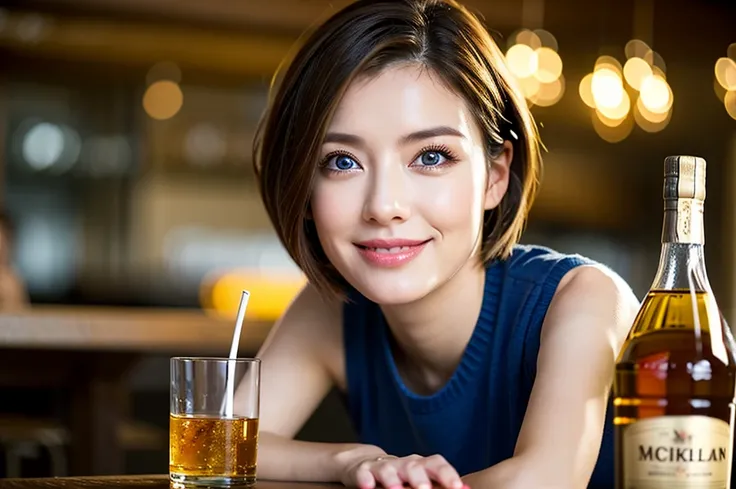 (Realistic, 超Realistic:1.4), 16k hdr, High resolution,Brown short hair,The best smile、Japanese actress,Super Beauty(Like the real thing),Short sleeve dress,Whiskey bottles、The Macallan、Johnnie Walker、、Old Parr、whiskey、Suntory、Nikka、Slim Couple、Model Couple...