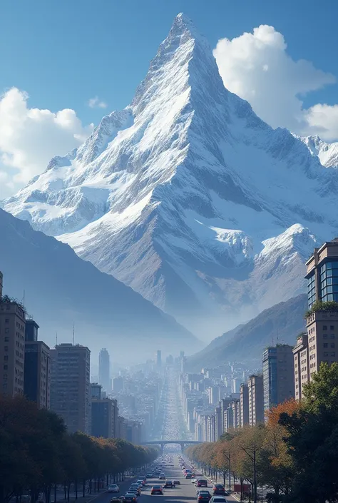 The snowy Huascaran next to the Imalaya in a city

