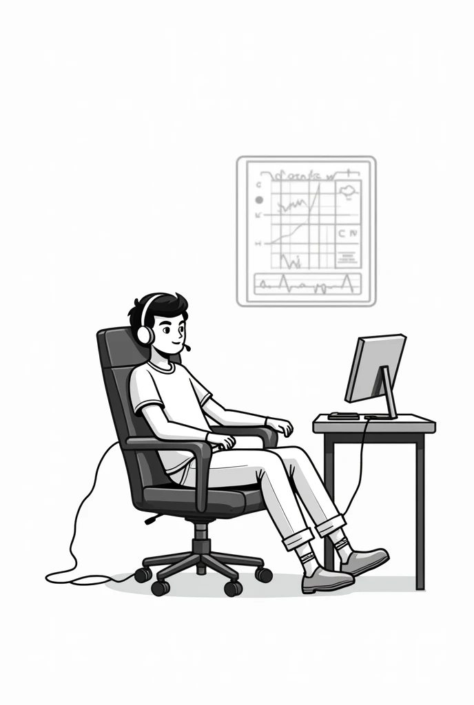 I need a textbook-type image of a young man sitting in an office chair.. The young man is relaxed and has headphones on, his arms are resting on the armrests and each extremity, ankles and wrists, has electrodes connected to take an ECG. I need it to be a ...