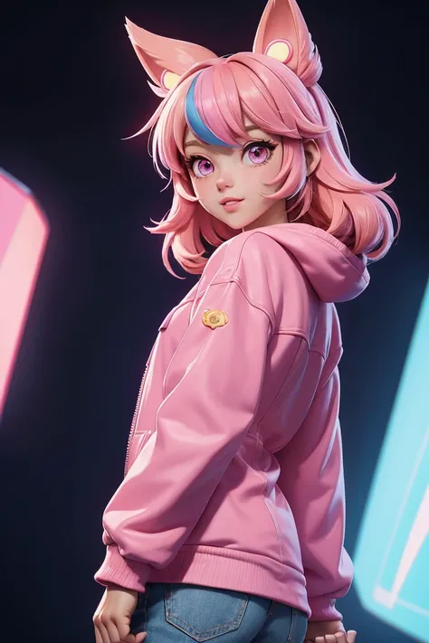 (masterpiece, best quality), a cute girl anime character, 1girl, hime cut, colorful pastel hair, colored tips, pastel pink eyes,hoodie jacket, long sleeves, looking back, happy feeling, multicoloreparted bangs, parted lips, pink hair,  brown eyeliner, solo...