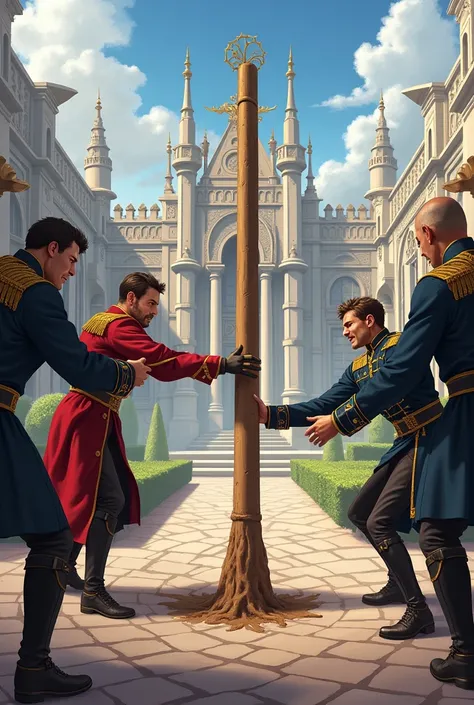 The royal palace guards failed to pull out the stick: The guards tried to pull the stick out of the ground, but failed, their expressions were frustrated and confused.
