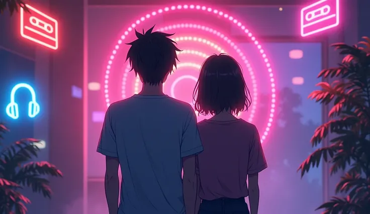 Lofi banner with full back view anime couples music enjoy in neon lights over view lofi please 