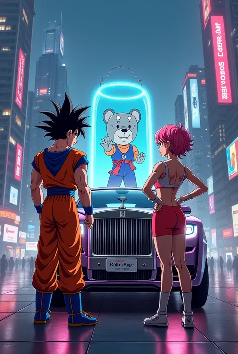 Goku ,Vegteta and bulma standing in front of rolls royce across and cheer bear in glass withtall buildings of city and with neon light effort and great finishing touch