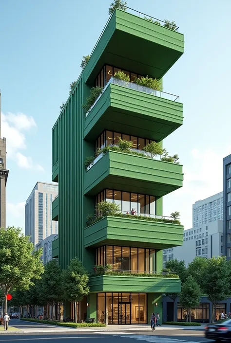 Z shaped 3-story commercial green building with basement parking