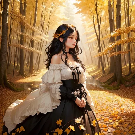 Sailing in the middle of a charming autumn forest, a woman with flowing black hair and an elegant, off the shoulder, A frilly dress gracefully walks among golden leaves. She is looking into the distance, surrounded by magical light, which penetrates throug...