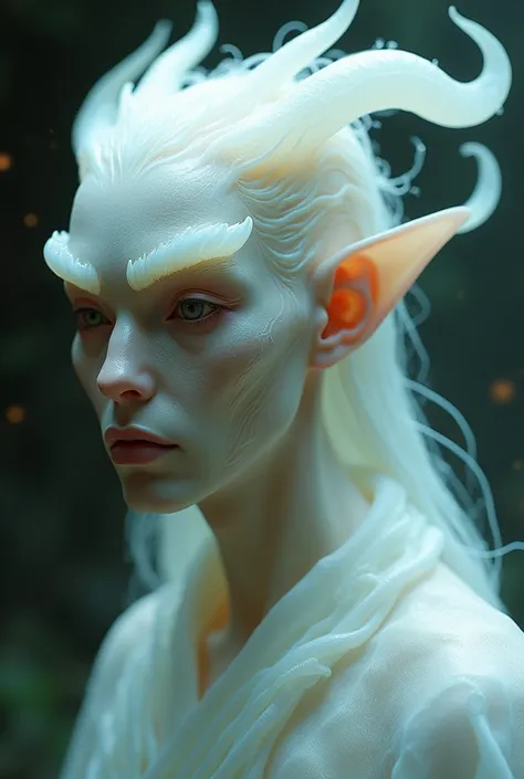 monk humanoid translucent white skin, with transparent horns (glass like horns) and nerves at the surface of the skin. earless head, your eyebrows is just a dot. the eyes is big and dark, in deep orbits. sympatic and receptive expression and pose. mythical...