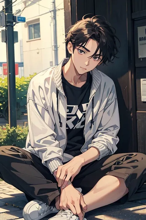 1man, 16〜20yr old, detailed hairs, 4K, High resolution, Handsome, simple background, head tilt, casual fashion, sitting on ground,