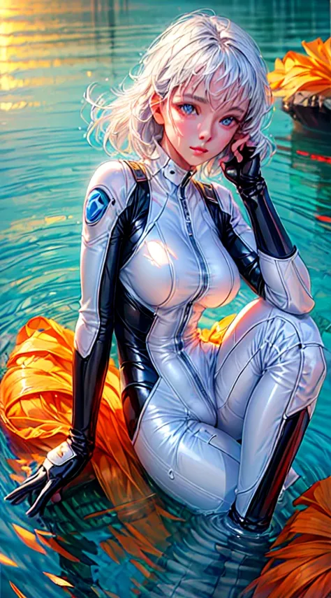 8K resolution, refined features, perfect face, glowing skin, high detail, latex_bodysuit, creamy white mucus body, enveloping the whole body, transparent liquid texture, sexy,busty,upright_straddle, sunrise, water, side view