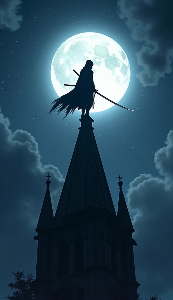 A Ninja man standing on the top of church at the night. The moon is the background. 