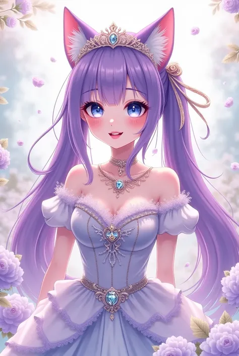 1girl, princess furry Masterpiece, Long Hair, Twintails, Ponytail, Purple Hair, Large breasts, Cat Ears, Smile, Blue eyes, Fang, Makeup, Simple background, Jewelry, Hair Ribbon, Crown, Sparkle, Bloom, Soft Colors, dresses multiple kinds