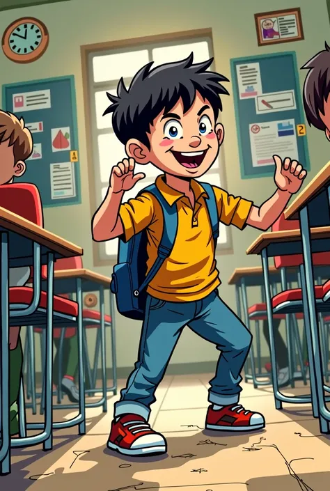 Create a comic-like image of a  boy in a school like from a comic book