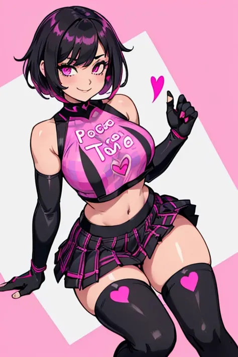 female, black short hair, pink eyes, (((1girl))), (((black crop top with pink heart on chest))), (black fingerless gloves), (black and pink pleated plaid skirt), ( pink thigh high socks with white stripes), (black knee high boots), cute and sexy, full body...