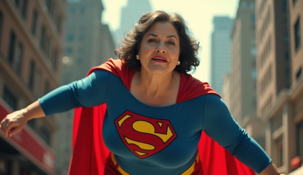 Very sexy beautiful Fat Woman; Busy street in the city center; (((very sexy beautiful and strong old Supergirl (((1980s Superman movie costume))) Julie Hagerty(((Dark hair))) Super old woman Julie Hagerty; confident, powerful, indestructible, attractive; b...