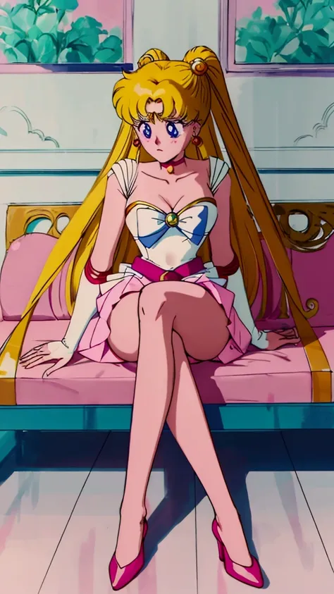 sailor venus, Minako Aino , Long hair, by rubio, bob cut, hits, blue eyes, 1 girl, Alone, bare shoulders, Strapless, belt, medium chest, pink shirt, Pink mini skirt, Sitting on a sofa, Whole body, bare legs with red heels, crossed legs,serious face