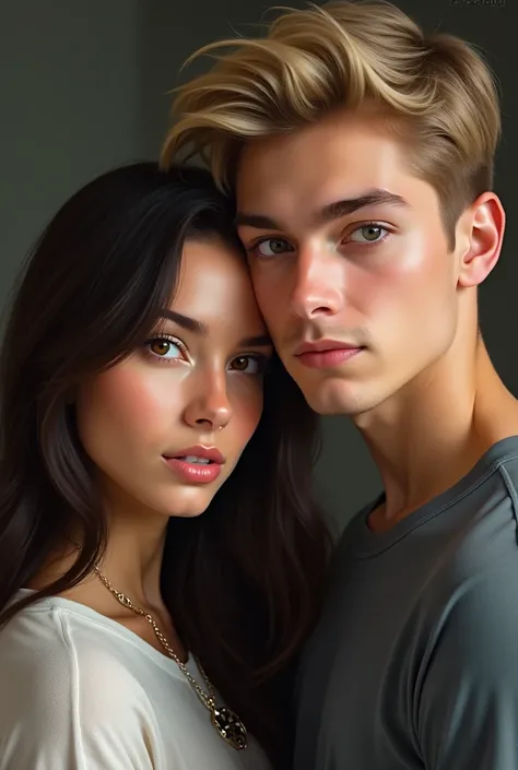 Brunete girl with amber eyes and a man with Blonde short hair and gray eyes
