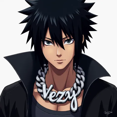 Sasuke wearing a diamond Cuban link chain that says Vezy