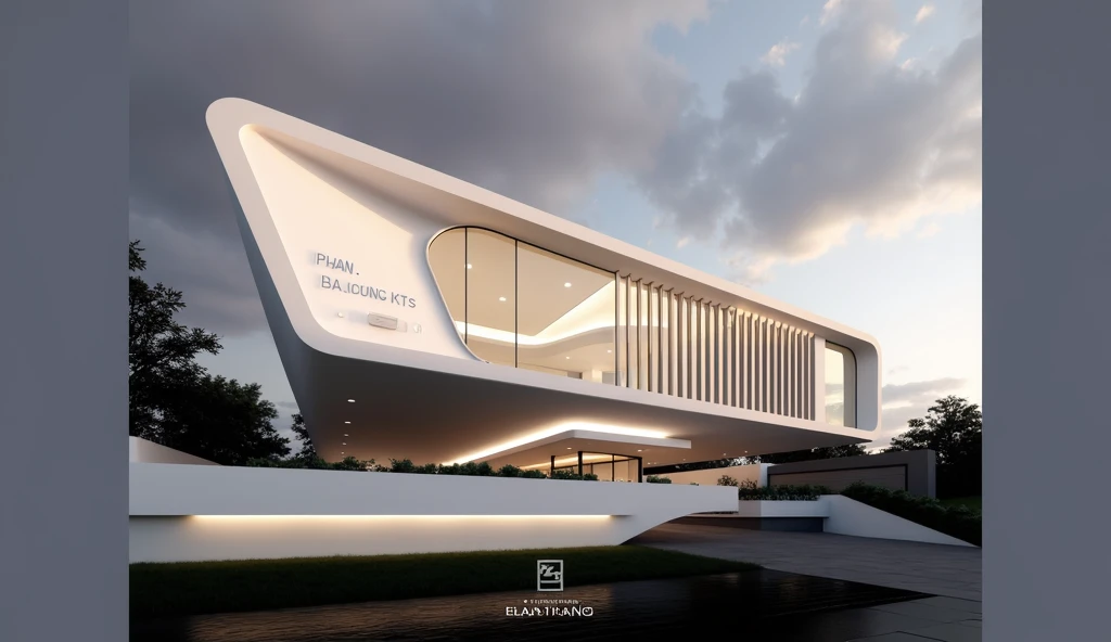 A modern, futuristic house with a minimalist design, featuring smooth, flowing lines and sharp edges. The building is elevated with a sleek, cantilevered structure, using a white exterior combined with large glass windows. The design incorporates vertical ...