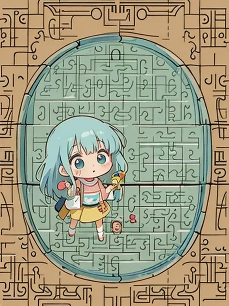 Hayao Miyazaki style, Kawaii Design, most beautiful girl ever、chibi, (((Maze Puzzle)))