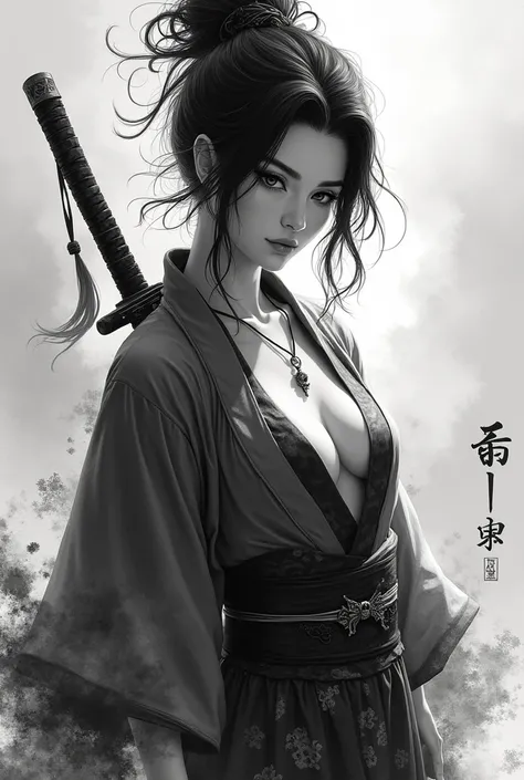 Wait warrior sexy, pretty face, Delicious Company, Alluring figure, Wearing a sexy open kimono. The artwork is created in a medium reminiscent of Japanese ink paintings....., Features bold brushstrokes and a Monochromatic color palette. artist&#39;Masterfu...