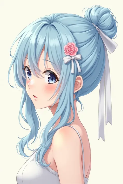 Anime girl with pale blue hair pulled into a single messy bun near the back of her head that is tied with a white ribbon that has a pink rose on it. She has long wavy side bangs that part from the middle of her hairline and reach down to her shoulders. She...