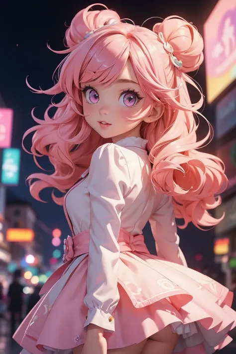 (masterpiece, best quality), a cute girl anime character, 1girl, hime cut, colorful pastel hair, colored tips, pastel pink eyes, very gorgeous lotita costume, looking back, happy feeling, multicoloreparted bangs, parted lips, pink hair,  brown eyeliner, so...