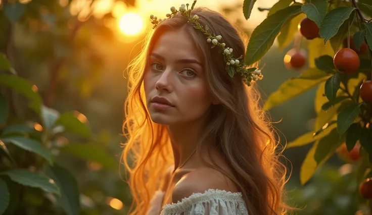 olor eyes, extremey beautiful, long light brown hair, dressed in leaves, 54" in height. emanating a divine aura and not looking directly into the camera, looking at the fruit trees. Highlight the details of the expression, peace and grace that your presenc...