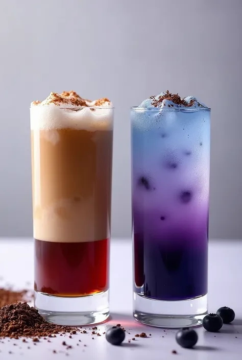 Make a commercial image of a "COFFEE BOMBOM LATTE COLD VS COFFEE WITH BLUEBERRY LATTE COLD"  
