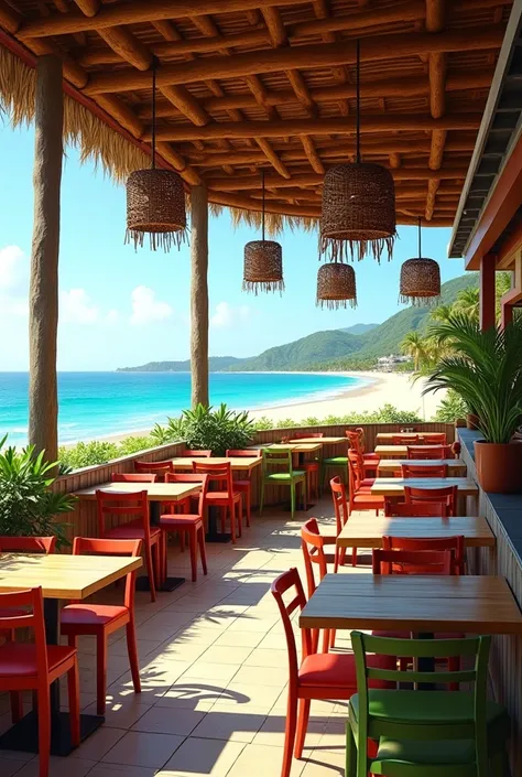 Casual restaurant serving typical food on Margarita Island in Venezuela, with sea view, high and colorful tables, wooden and beach style