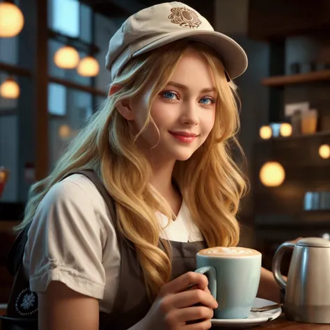 a beautiful blonde girl,in a coffee (barista) with a cap on his head,smile, looking at the viewer, blue eyes, high resolution, f...