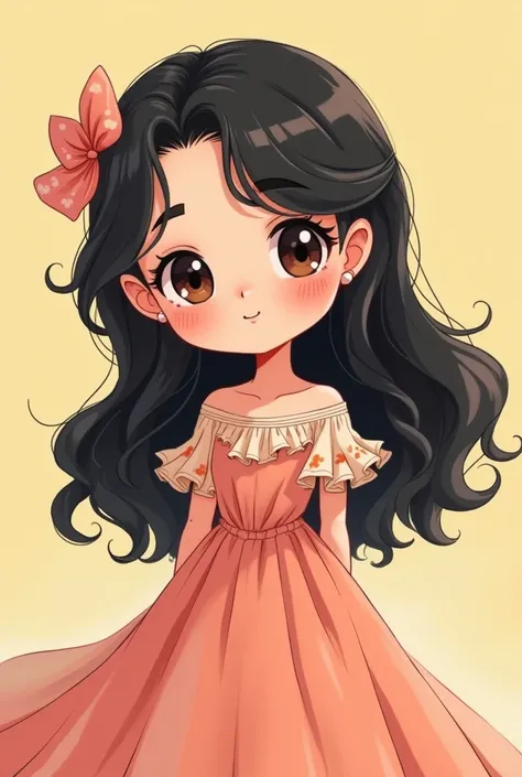 Cute animated cartoon woman black hair with long wavy tender full body wearing cute little dress