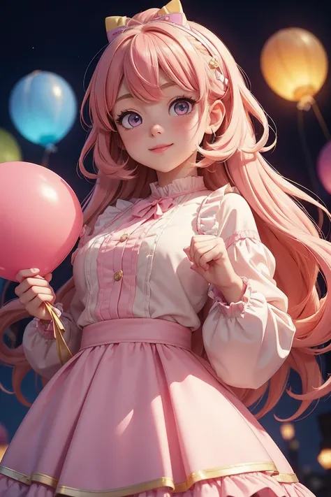 (masterpiece, best quality), a cute girl anime character, 1girl, hime cut, colorful pastel hair, colored tips, pastel pink eyes, very gorgeous lotita costume, holding cute balloons, very happy feeling, little smlie, multicolore parted bangs, parted lips, p...