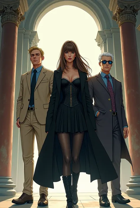 Caucasian female, long straight brown hair with short bangs, wearing prescription glasses, a black overcoat, espartilho preto, Black Skirt, black tights and black boots, Next to two men, the first is a blond man, eyes browns, brawny, with beige dress pants...