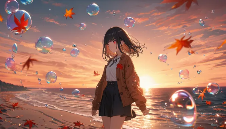 Sunset by the sea、Walking on the sand、Autumn leaves scatter、Autumn sky、Shortcuts、blunt bangs、Red eye color、Super detailed, 8k,, bubble, Right blue water, nice, bright、BLACK Hair Girl、