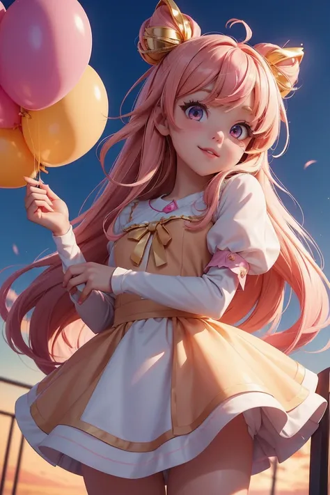 (masterpiece, best quality), a cute girl anime character, 1girl, hime cut, colorful pastel hair, colored tips, pastel pink eyes, very gorgeous lotita costume, holding cute balloons, very happy feeling, little smlie, multicolore parted bangs, parted lips, p...