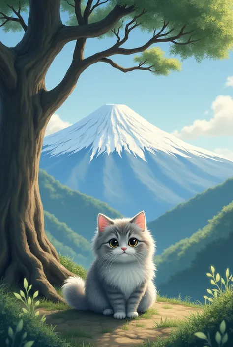 Fluffy cat sitting at the base of a tree in the middle of the mountains, cute,Background Mount Fuji,