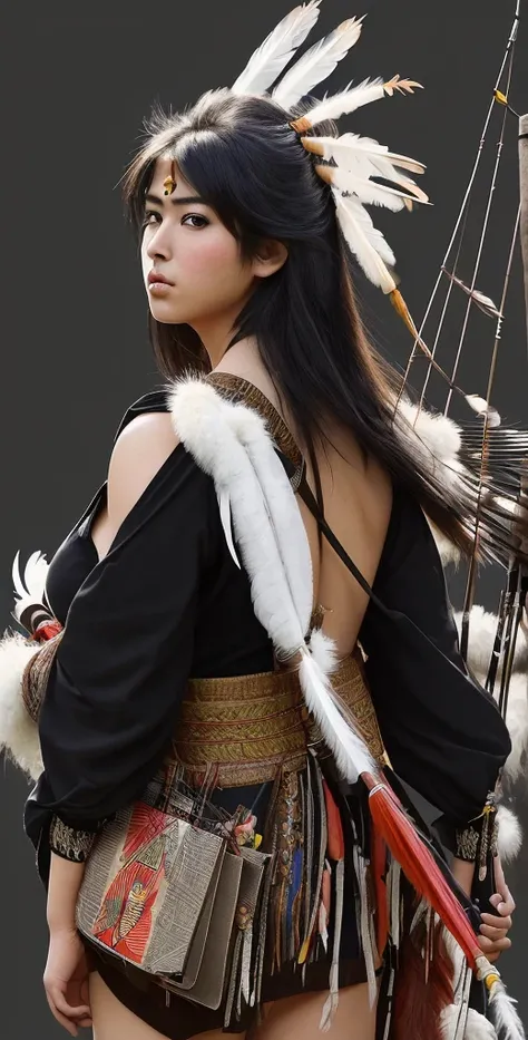 a 30 year old japanese beautiful girl,,big breasts,the head wears long indian style feathers,wearing black  shirt  indian style clotes,a bow and bag  of arrows on his back, ancient indian fillage background,dim atmosphere.hyper realistic,details and super ...