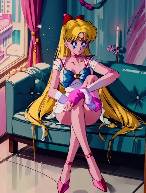 sailor venus, Minako Aino , Long hair, by rubio, bob cut, hits, blue eyes, 1 girl, Alone, bare shoulders, Strapless, belt, medium chest, pink shirt, Pink mini skirt, Sitting on a sofa, Whole body, bare legs with red heels, crossed legs,serious face
