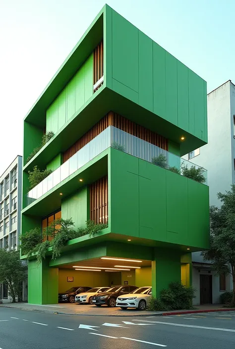 L shaped 3-story commercial green building with basement parking