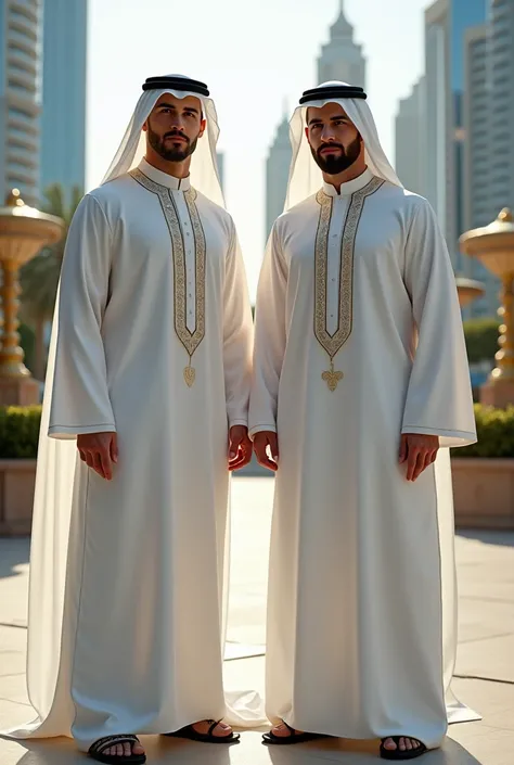 (photorealism:1.2), Ronaldo And Messi in Dubai in wearing Dubai style dress up like a shekh