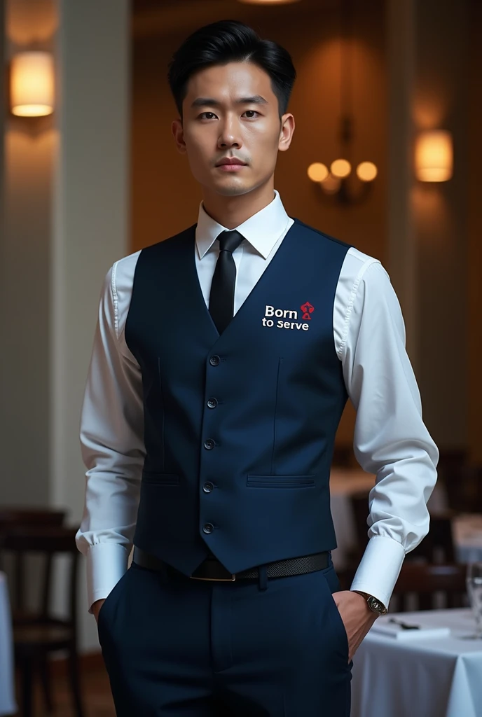 Waiter, and vest, with the colors blue and black and the company name would be “born to serve”